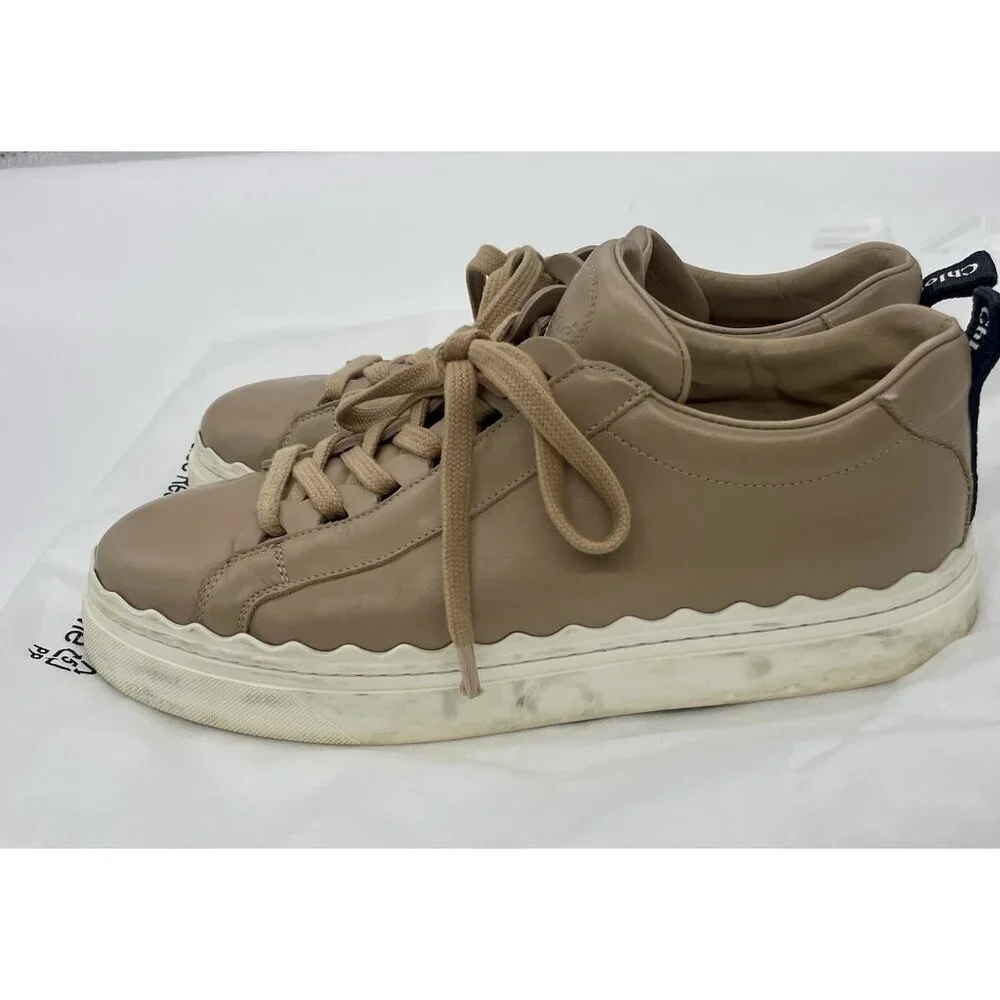 Chloé Lauren Leather Sneakers Sz 9~40 Beige Travel Shoes Sporty Comfy Designer‎
